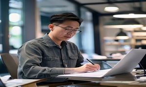 91cncom导航主编林晓峰的工作照，在明亮办公室内专注审阅内容稿件，背景整洁专业